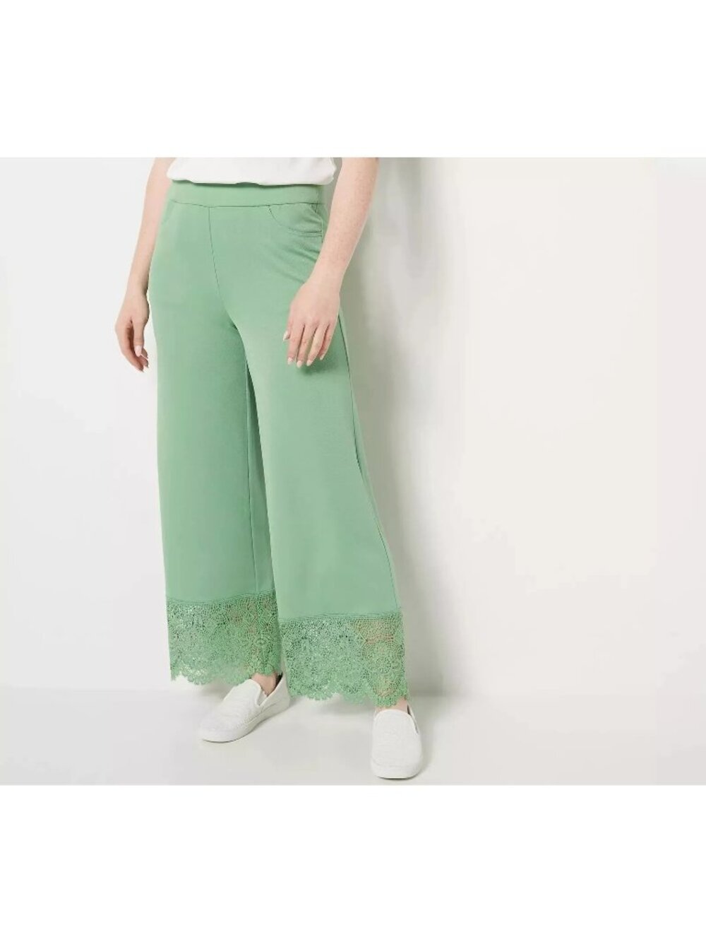 Isaac Mizrahi Live Pants Large Reg Pebble Knit Wide Leg Crop Classic Sage NEW